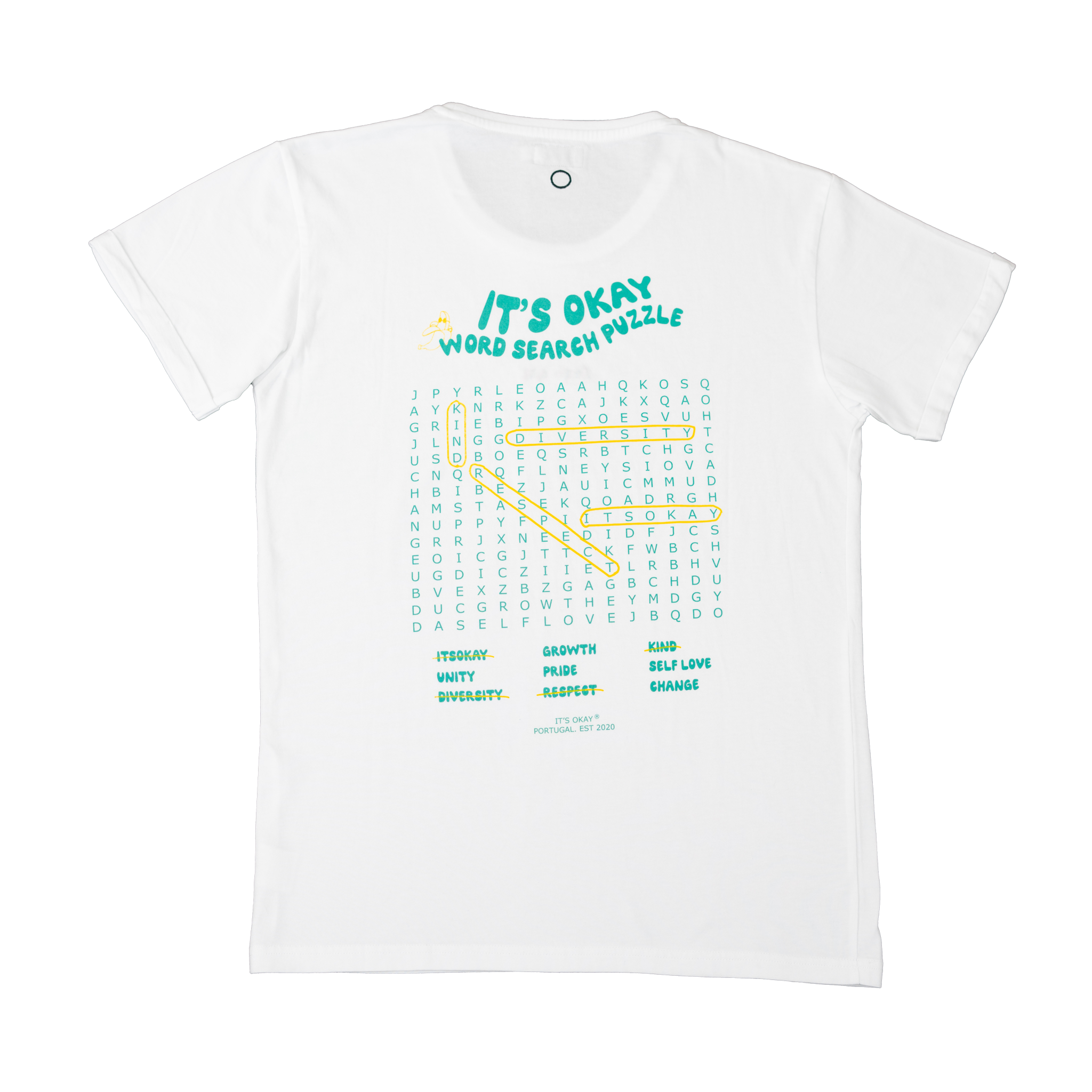 It's okay word puzzle t-shirt - wear it with pride. Find all the words! This tee will give you confidence and strength. Organic cotton, exclusive design made in Portugal, screen printed. (Pt. t-shirts algodão orgânico com serigrafia. produzida em portugal. design exclusivo. Esta t-shirts transmite confiança e força a quem a utiliza.
