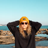 yellow Beanie from It's okay | design in Portugal with love | feel cozy and warm with this knitted beanie | gorro feito em Portugal, wear it with pride