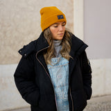 yellow Beanie from It's okay | design in Portugal with love | feel cozy and warm with this knitted beanie | gorro feito em Portugal, wear it with pride