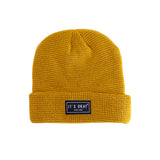 yellow Beanie from It's okay | design in Portugal with love | feel cozy and warm with this knitted beanie | gorro feito em Portugal, wear it with pride