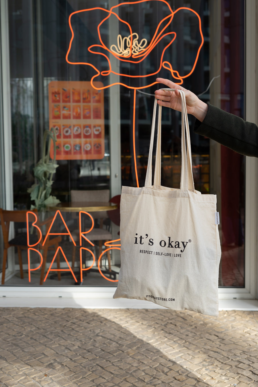 it's okay tote bag: organic cotton, black ink, serigraphy. based on respect, self-love and love. 