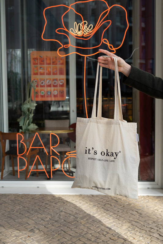 it's okay tote bag: organic cotton, black ink, serigraphy. based on respect, self-love and love. 