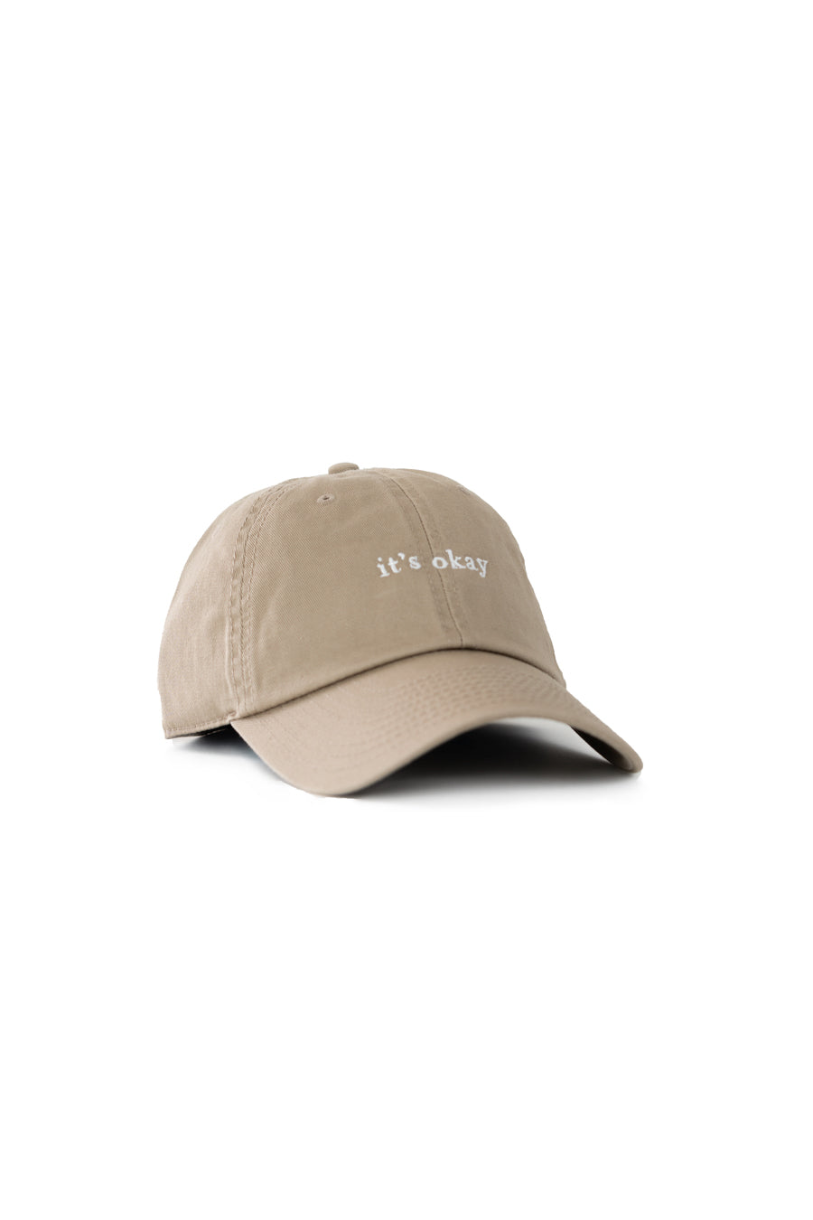 it's okay organic cap khaki | made with organic cotton, embroidered. This is a studio photography of the cap.