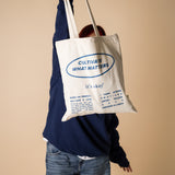 organic tote bag cultivate what matters, screenprinting, white and blue
