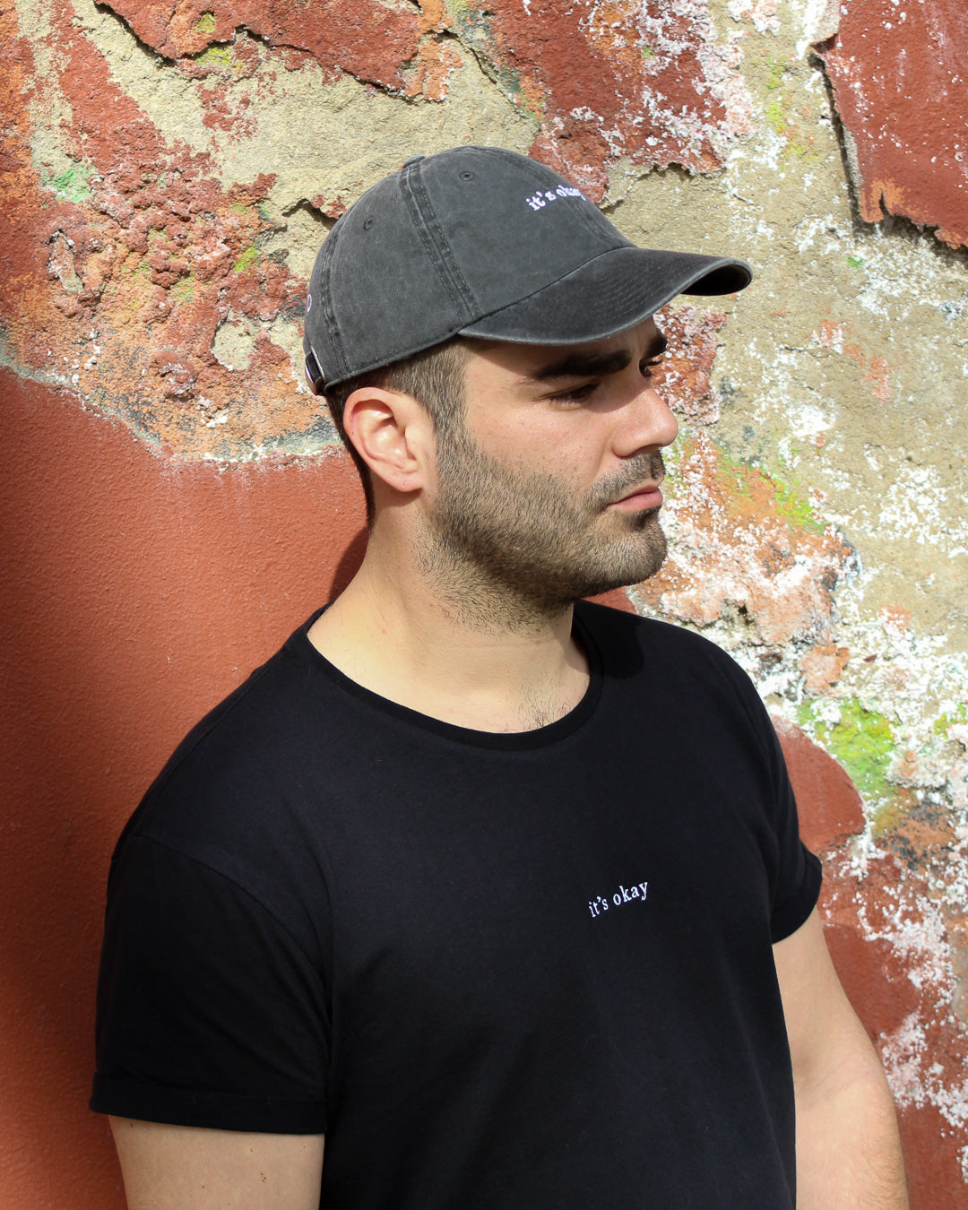 Blackberry cap, 100% cotton, embroidered. it's okay to be exactly who you are. From Portugal with love. (Image: blackberry cap on a guy wearing essential black t-shirt)