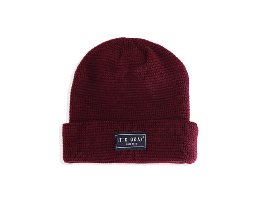 burgundy Beanie from It's okay | design in Portugal with love | feel cozy and warm with this knitted beanie | gorro feito em Portugal, wear it with pride