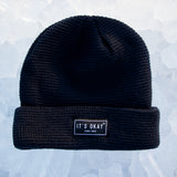 Blue Beanie from It's okay | design in Portugal with love | feel cozy and warm with this knitted beanie | gorro feito em Portugal, wear it with pride. Image: blue waffle beanie on ice.
