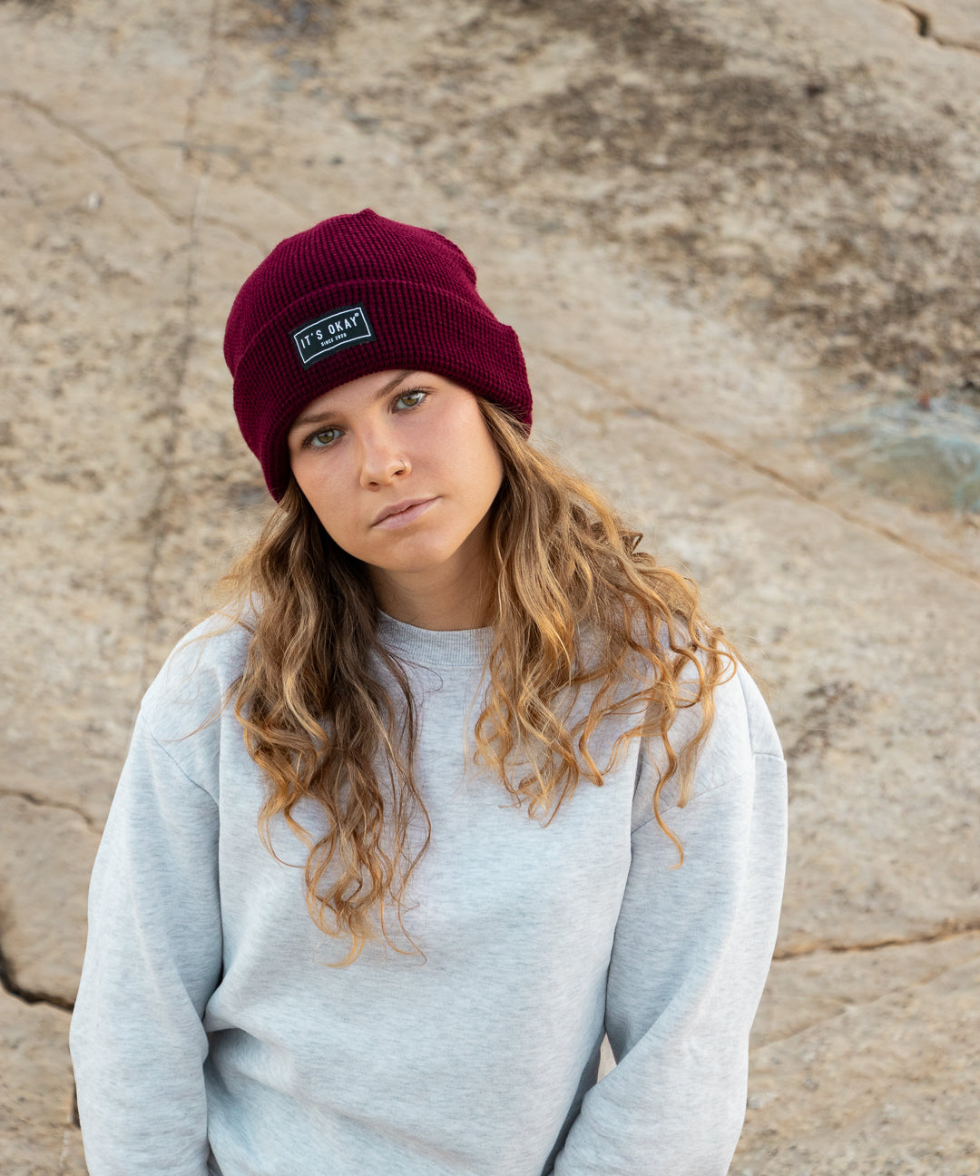 burgundy Beanie from It's okay | design in Portugal with love | feel cozy and warm with this knitted beanie | gorro feito em Portugal, wear it with pride