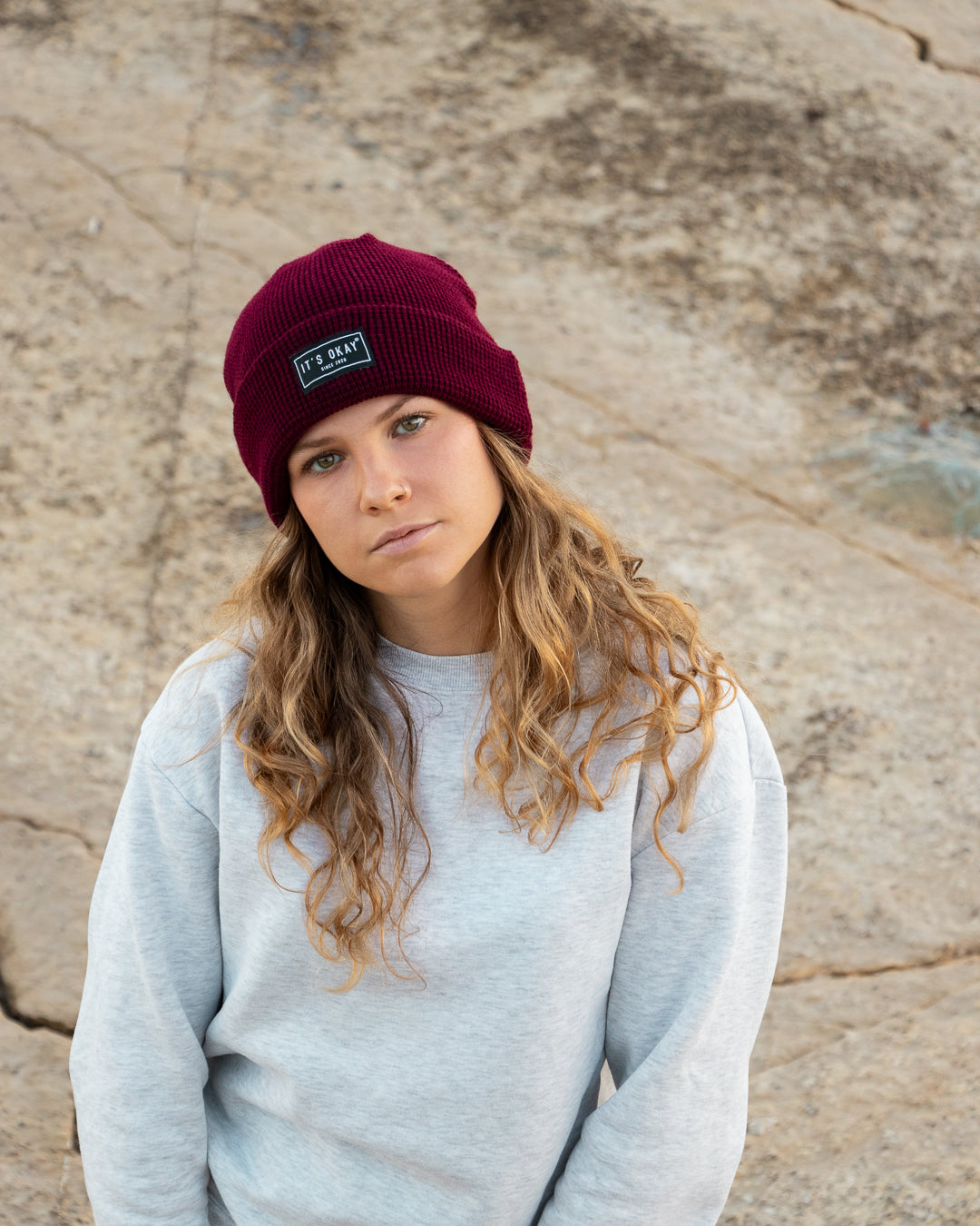 burgundy Beanie from It's okay | design in Portugal with love | feel cozy and warm with this knitted beanie | gorro feito em Portugal, wear it with pride