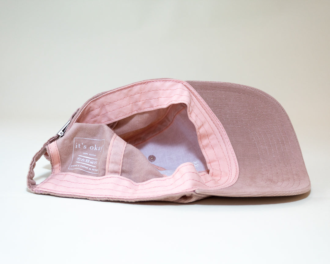 Light-coral cap | cotton needlecord corduroy in pink. Embroidered in Portugal. One size fits most | Wear it with pride. It's okay to be exactly who you are. Pt: Boné algodão de pala em bombazine de cor rosa, tamanho ajustável. 