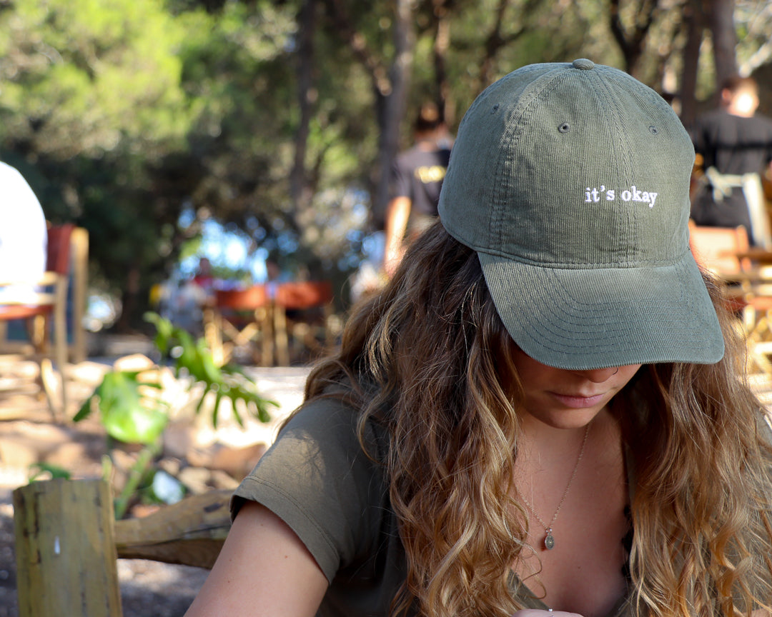 Moss cap | cotton needlecord corduroy in green. Embroidered in Portugal. One size fits most | Wear it with pride. It's okay to be exactly who you are. Pt: Boné algodão de pala em bombazine de cor verde, tamanha ajustável. 