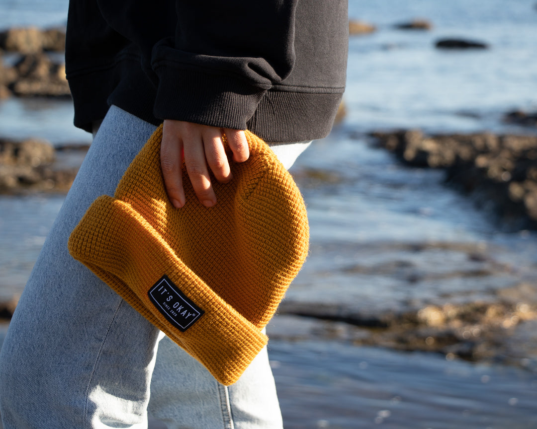 yellow Beanie from It's okay | design in Portugal with love | feel cozy and warm with this knitted beanie | gorro feito em Portugal, wear it with pride