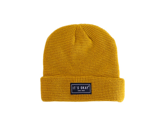 yellow Beanie from It's okay | design in Portugal with love | feel cozy and warm with this knitted beanie | gorro feito em Portugal, wear it with pride